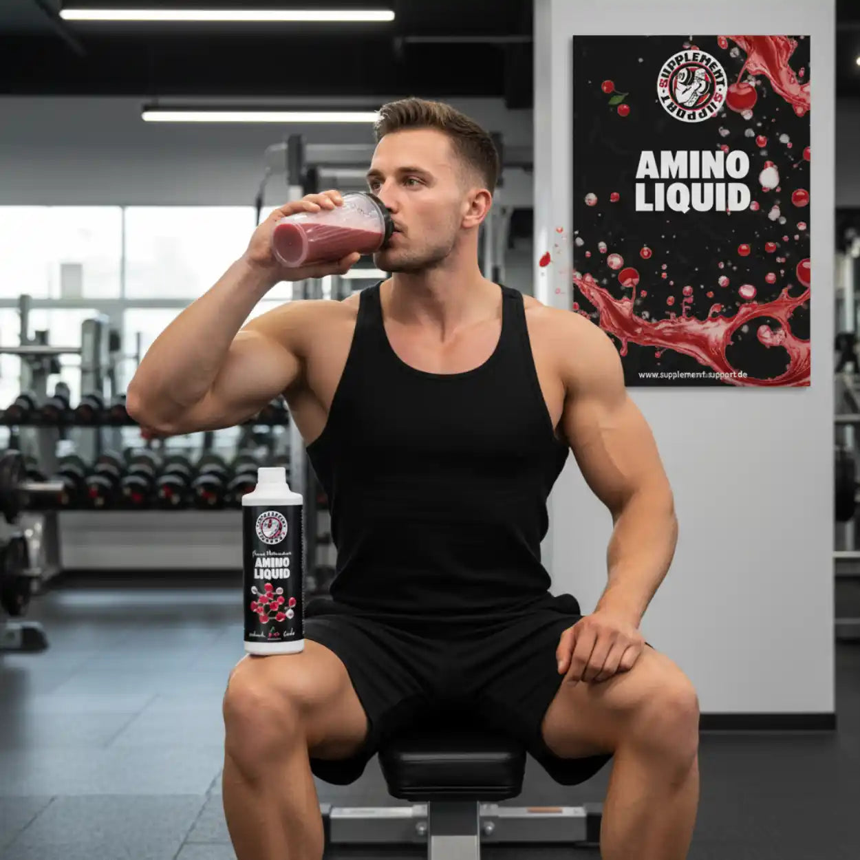 Muskulöser Mann trinkt Amino Liquid Shake im Fitnessstudio, Supplement-Flasche daneben