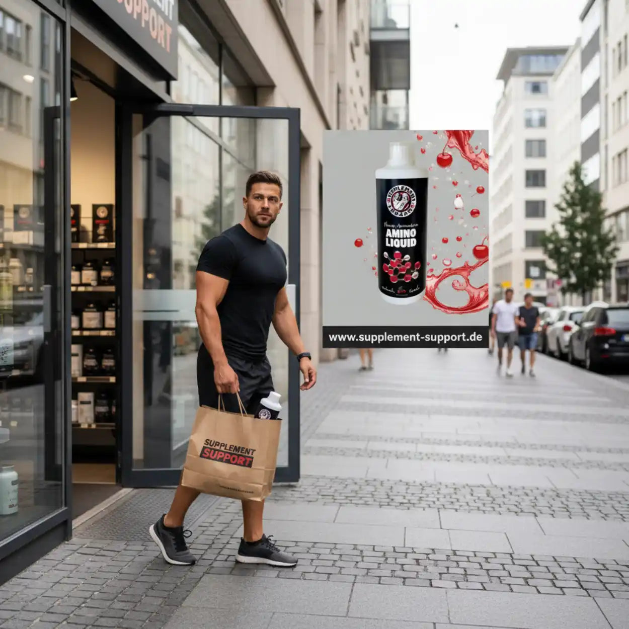 Sportlicher Mann mit Einkaufstasche und Amino Liquid 1000ml Nahrungsergänzung auf Straße