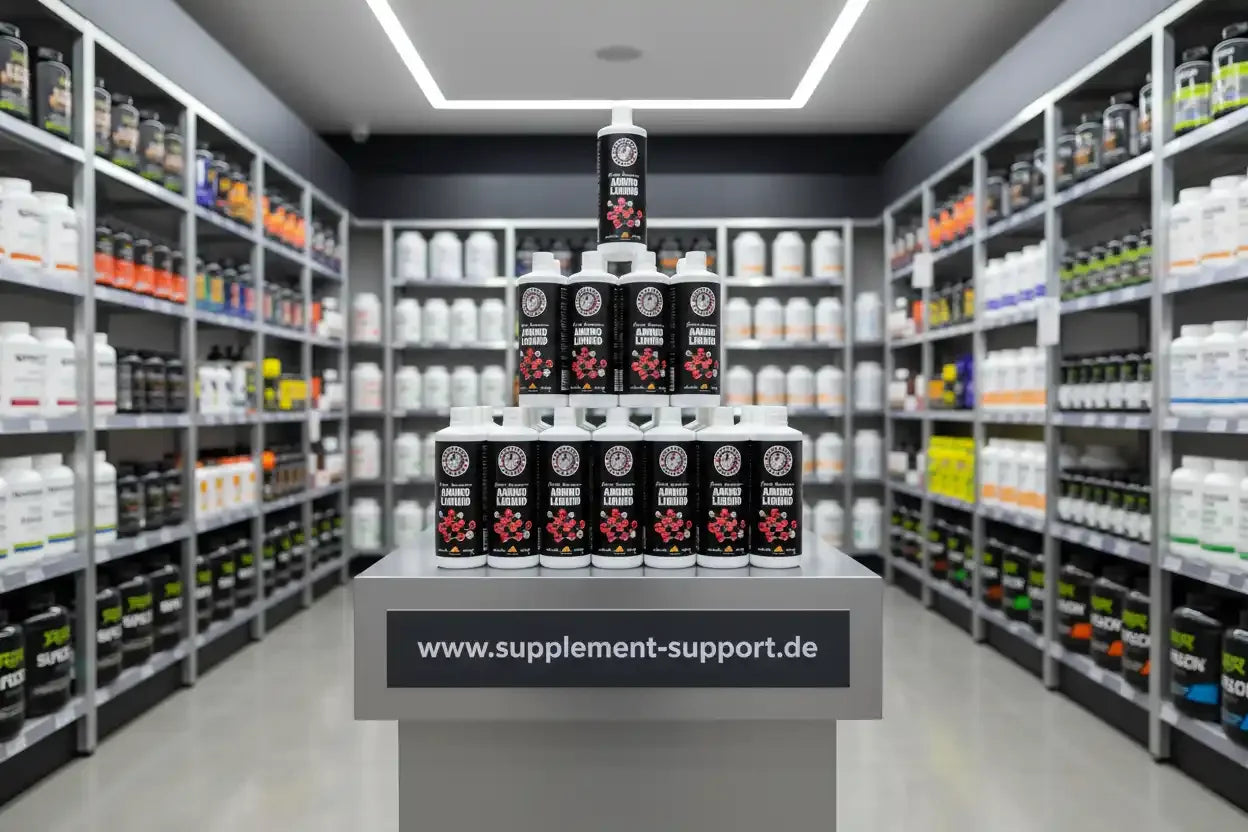 Amino Liquid Flaschen pyramidenförmig auf Display im Supplement-Store, Nahrungsergänzungsmittel für Sportler