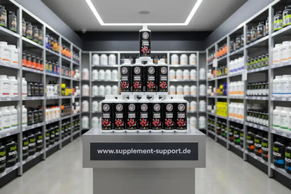 Amino Liquid Flaschen pyramidenförmig auf Display im Supplement-Store, Nahrungsergänzungsmittel für Sportler