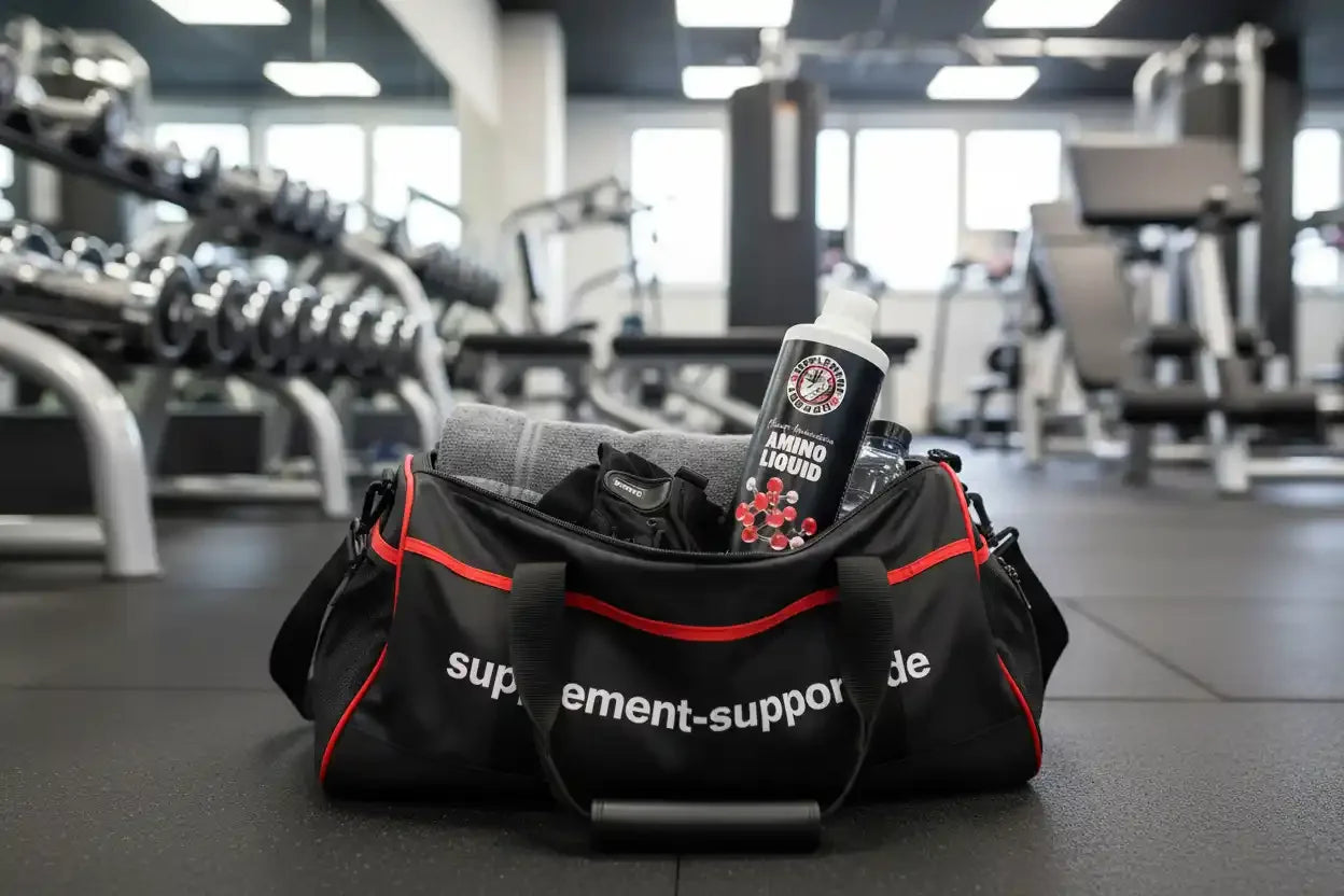 Fitness-Tasche mit Amino Liquid und Sportnahrung im Gym – Supplement Support
