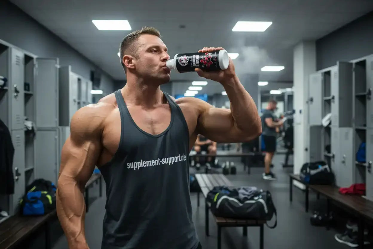 Muskulöser Mann trinkt Protein-Shake im Fitnessstudio, Supplement Support