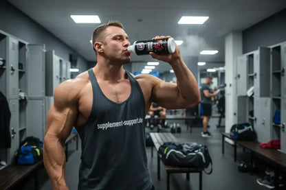 Muskulöser Mann trinkt Protein-Shake im Fitnessstudio, Supplement Support