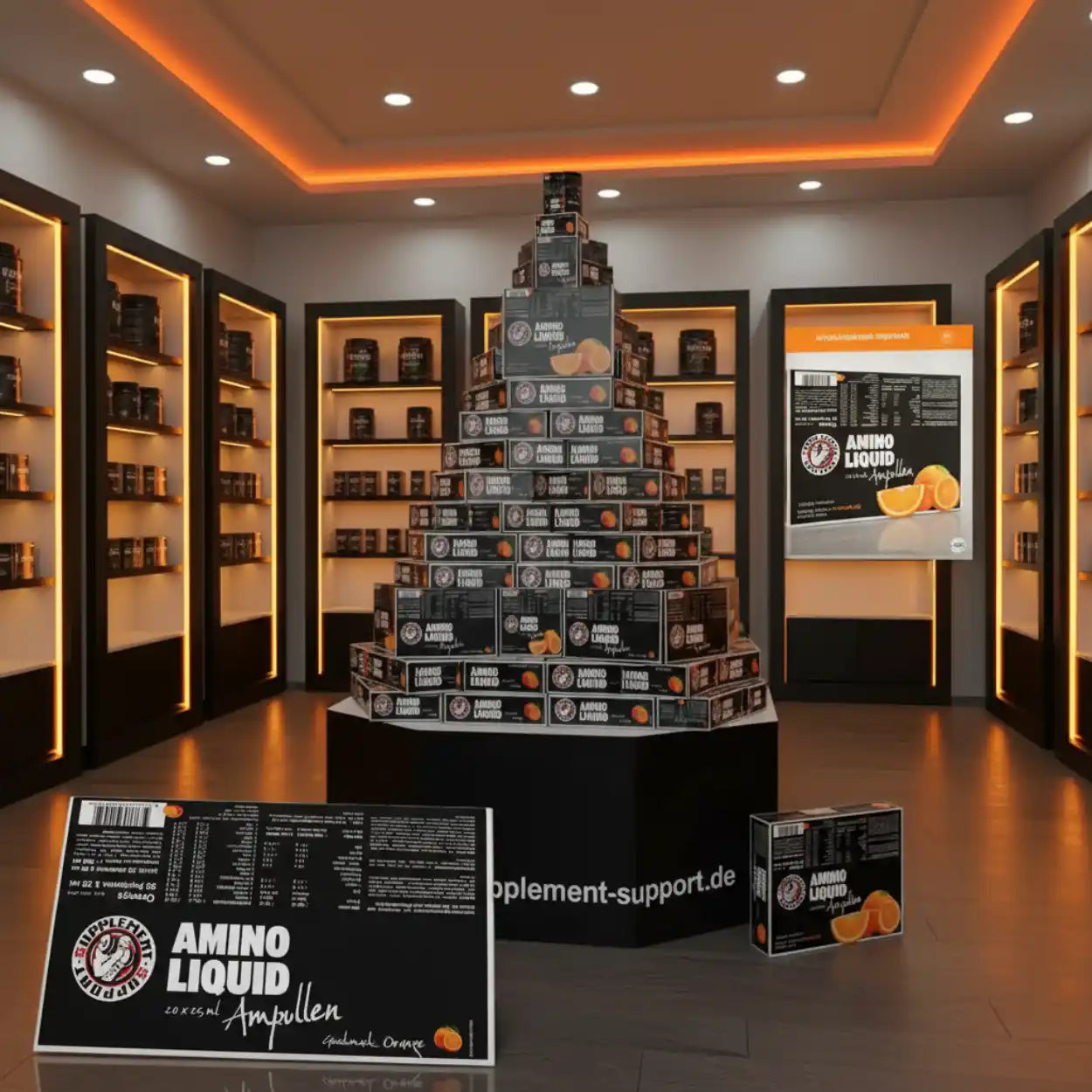 Amino Liquid Ampullen in Orangen-Geschmack, präsentiert in Pyramidenform im Supplement-Shop