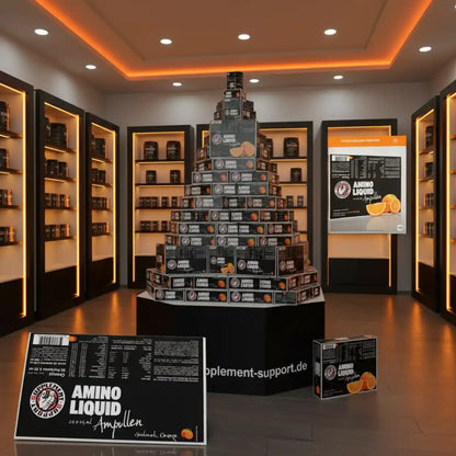 Amino Liquid Ampullen in Orangen-Geschmack, präsentiert in Pyramidenform im Supplement-Shop