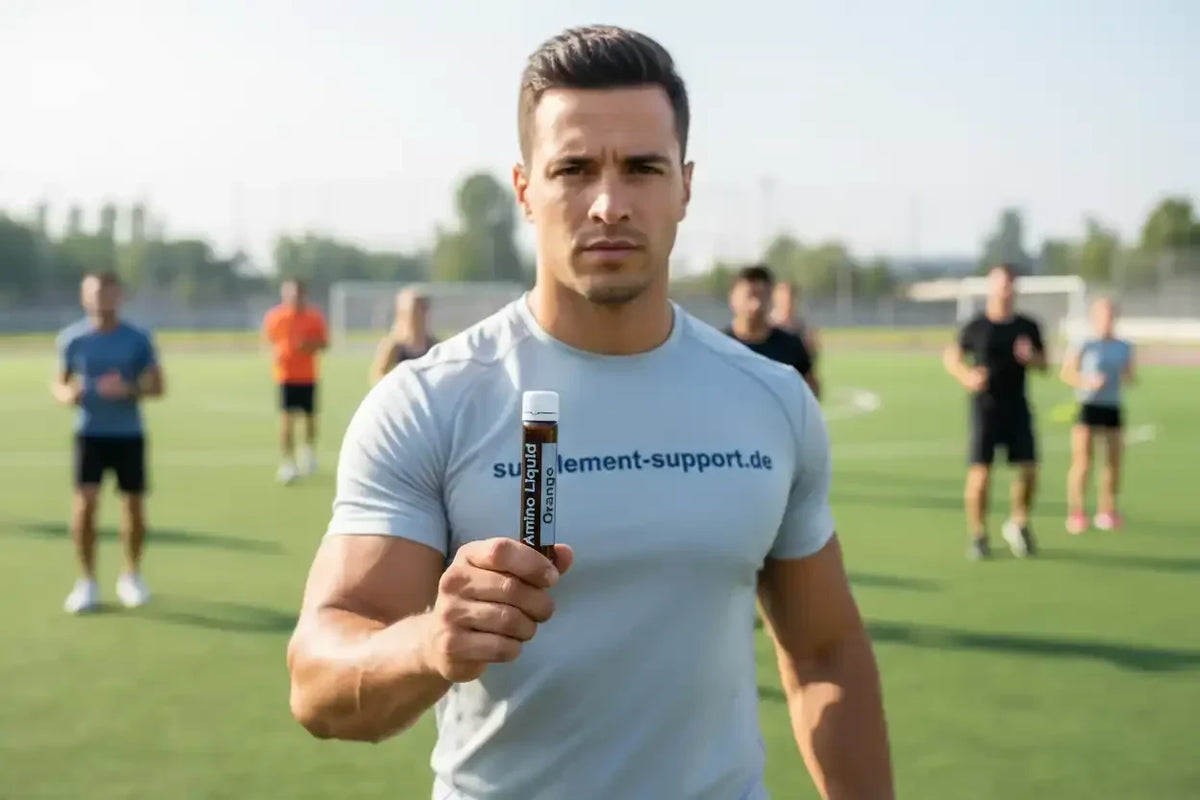 Muskulöser Mann mit Amino Liquid Orange auf Sportplatz, Nahrungsergänzung für Athleten