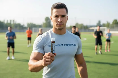 Muskulöser Mann mit Amino Liquid Orange auf Sportplatz, Nahrungsergänzung für Athleten