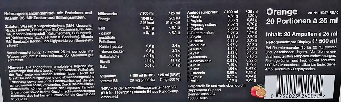 Orange Nahrungsergänzungsmittel mit Protein und Vitamin B6, 20 Portionen à 25 ml