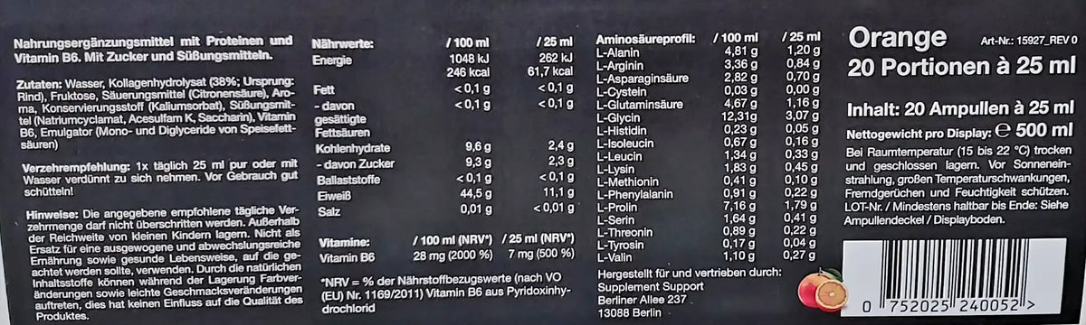 Orange Nahrungsergänzungsmittel mit Protein und Vitamin B6, 20 Portionen à 25 ml