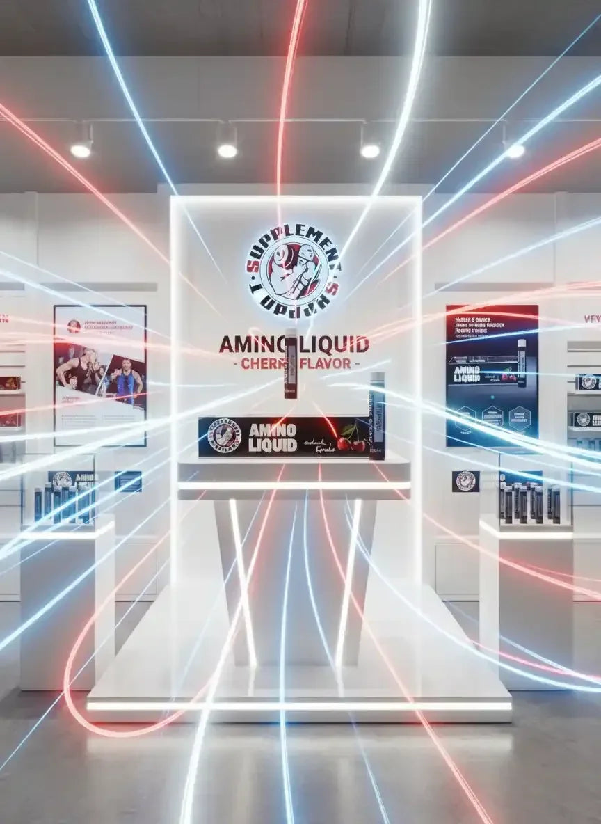 Amino Liquid Kirschgeschmack in moderner Auslage mit leuchtenden Lichteffekten