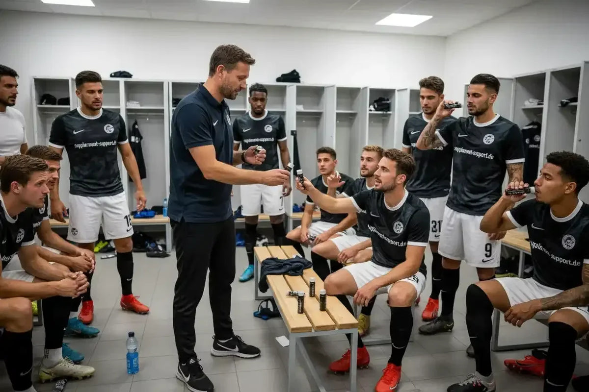 Fußballteam im Umkleideraum mit Nahrungsergänzungsmitteln, Protein & Booster für Sportler