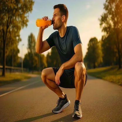 Junger sportlicher Mann trinkt nach dem Joggen im Park aus einer Flasche, Sportbekleidung, Sommerabend.