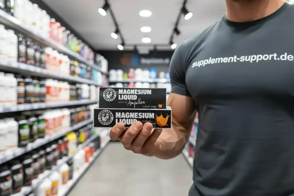 Magnesium Liquid Ampullen in Sportnahrungsladen, ideal für Athleten und Fitness-Enthusiasten