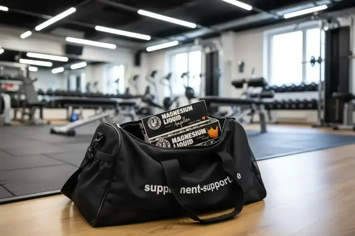 Schwarze Sporttasche mit Magnesium Liquid Ampullen im Fitnessstudio, ideal für Sportnahrung und Nahrungsergänzungsmittel