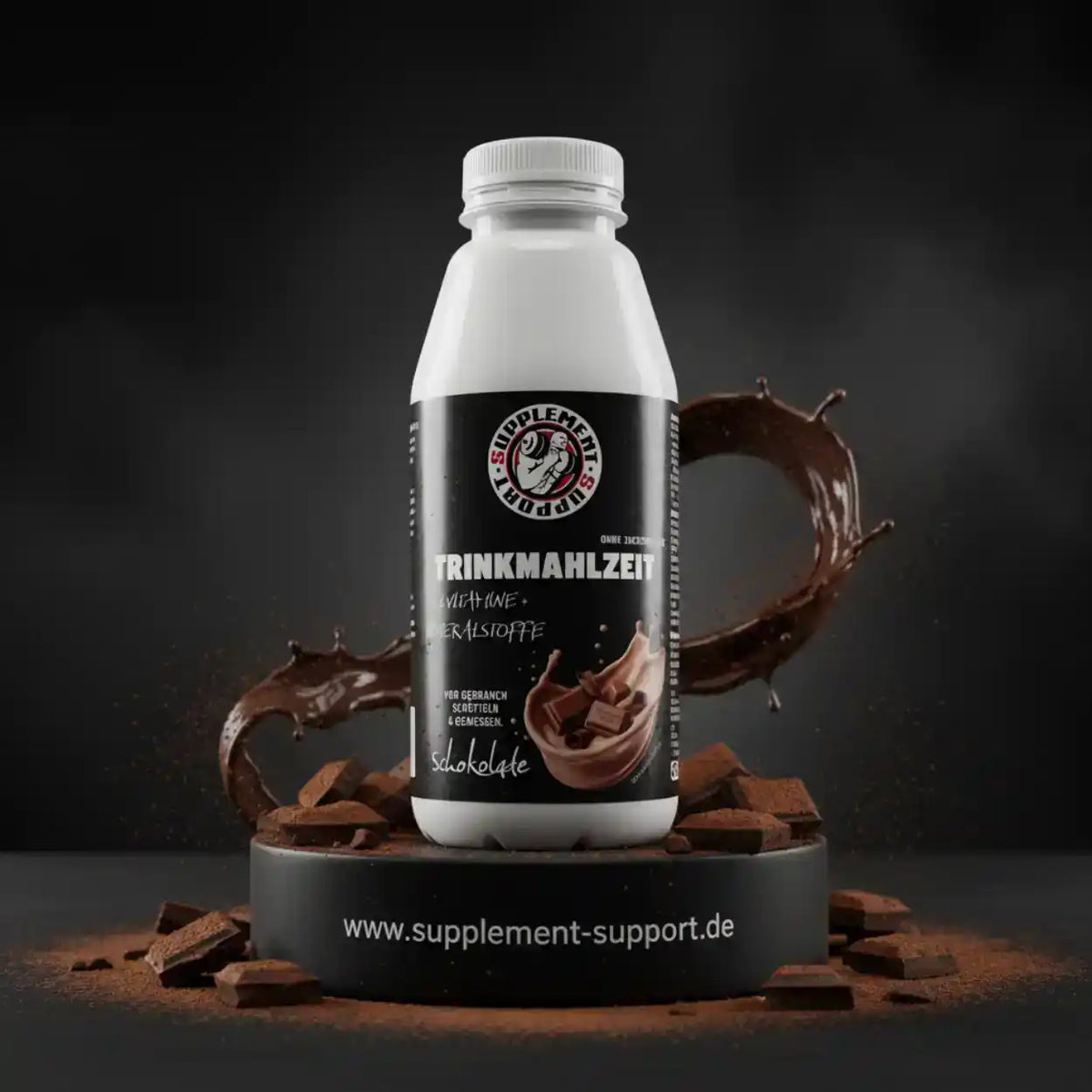 Supplement Support Trinkmahlzeit Schokolade in einer Flasche mit Schokoladenspritzer und Stücken