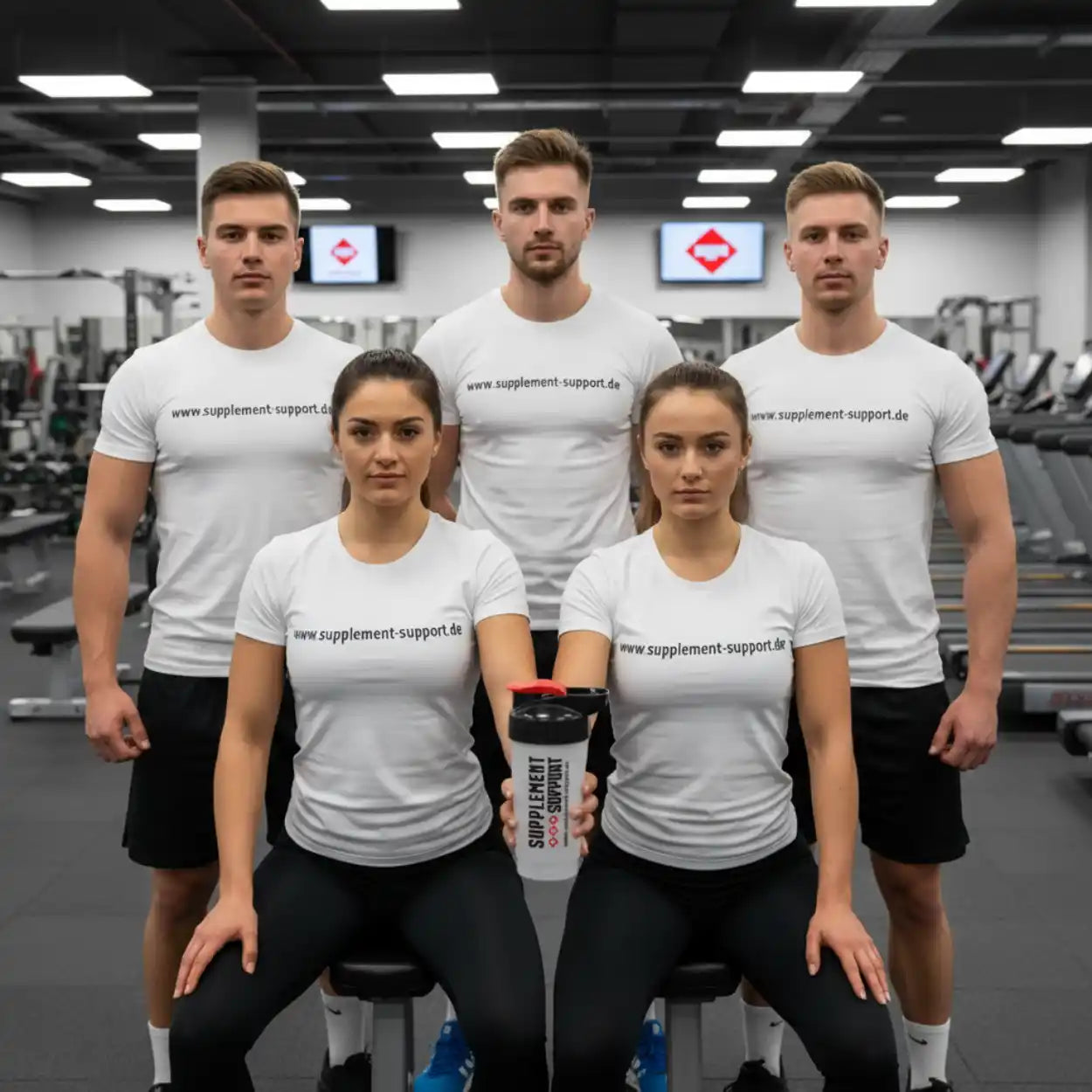 Fitness-Team in Gym mit Supplement Support Shaker – Protein, Booster, Vitamine