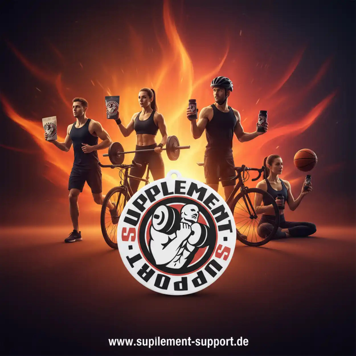 Sportler mit Nahrungsergänzungsmitteln vor Flammenhintergrund – Protein, Gainer, Booster