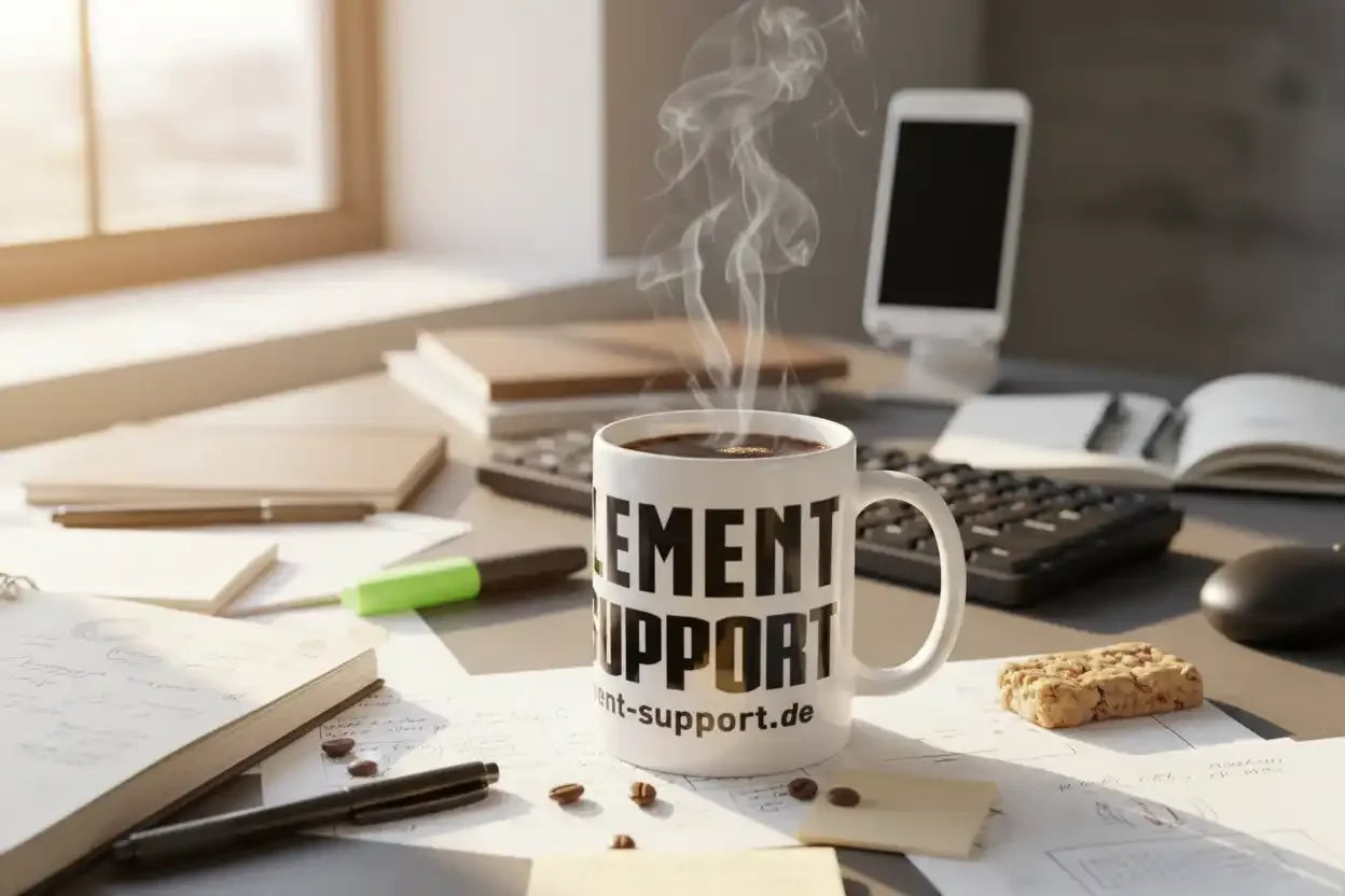 Dampfende Tasse mit 'Supplement Support' Aufdruck auf Schreibtisch mit Notizen und Proteinriegel