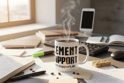 Dampfende Tasse mit 'Supplement Support' Aufdruck auf Schreibtisch mit Notizen und Proteinriegel