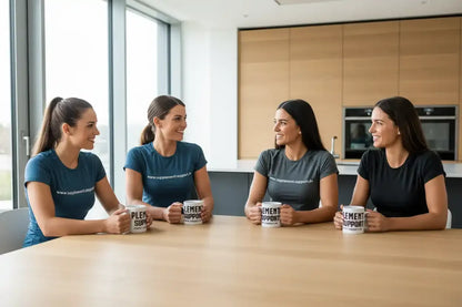 Vier Frauen mit Supplement Support T-Shirts und Tassen in moderner Küche, Nahrungsergänzungsmittel
