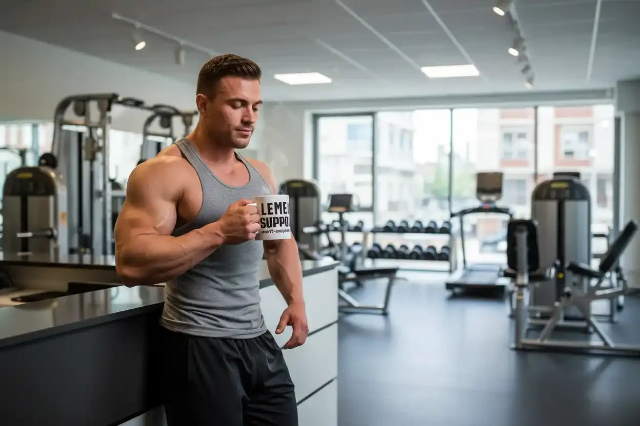 Muskulöser Mann im Fitnessstudio mit Tasse, Nahrungsergänzungsmittel, Protein, Booster
