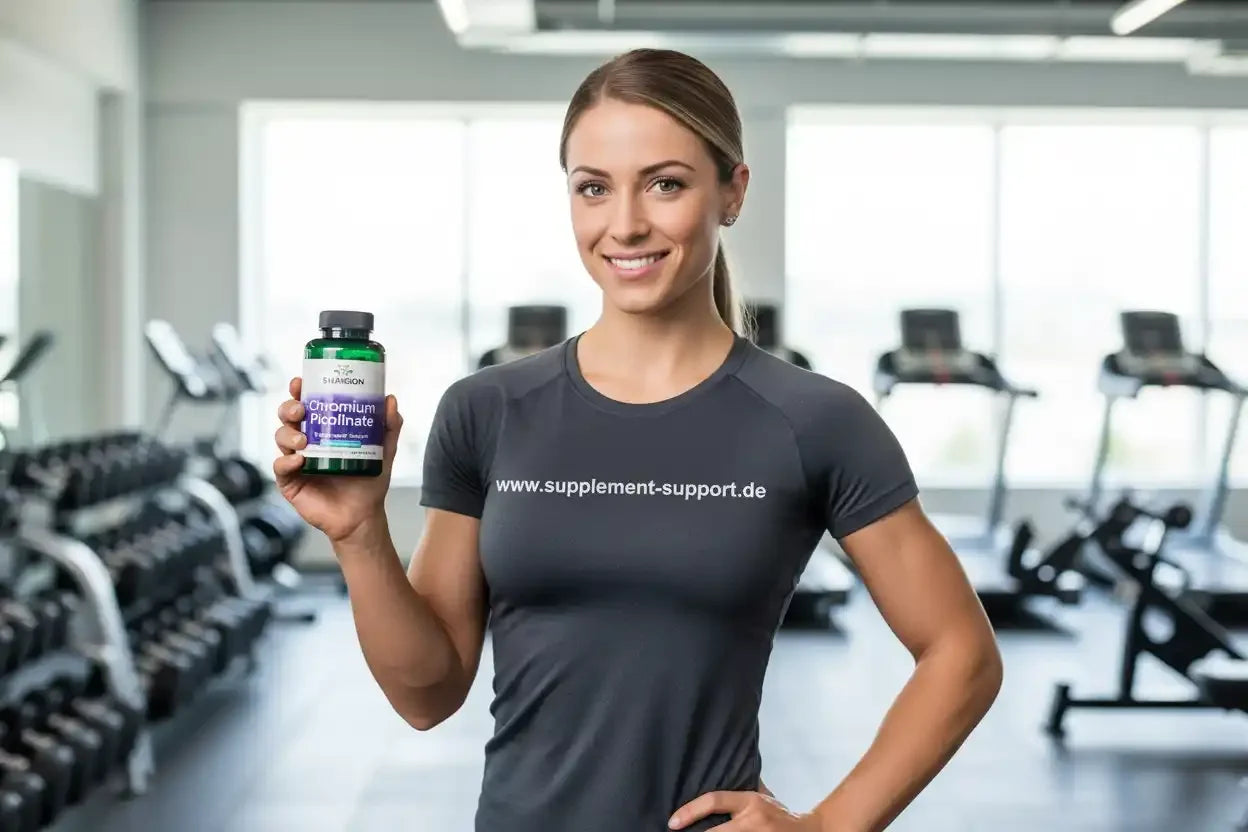 Frau im Fitnessstudio mit Chromium Picolinate Nahrungsergänzungsmittel, Protein & Vitamine