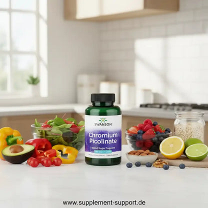 Swanson Chromium Picolinate für Blutzuckerunterstützung, umgeben von frischem Obst, Gemüse und Nüssen in moderner Küche