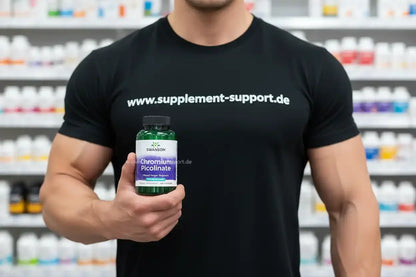 Muskulöser Mann hält Chrompicolinat-Flasche – Nahrungsergänzung für Sport & Gesundheit