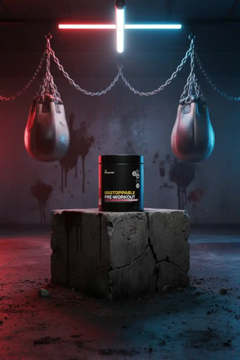 Unstoppable Pre-Workout Booster in Box auf Betonblock, Boxsäcke im Hintergrund, Sportnahrung für Training