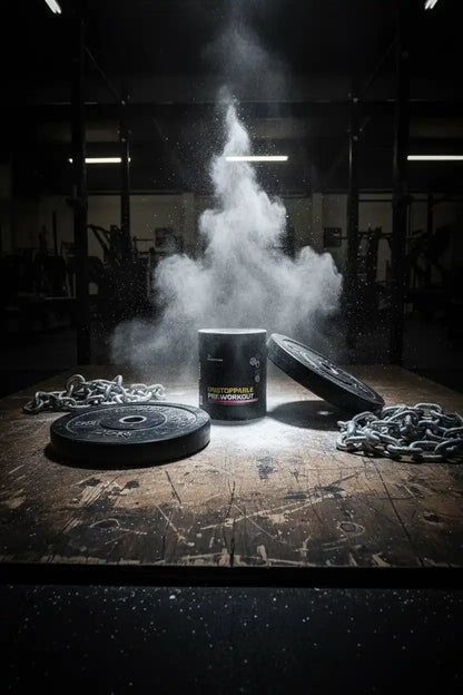 Unstoppable Pre Workout Pulver explodiert auf Holztisch mit Gewichten und Ketten im Fitnessstudio