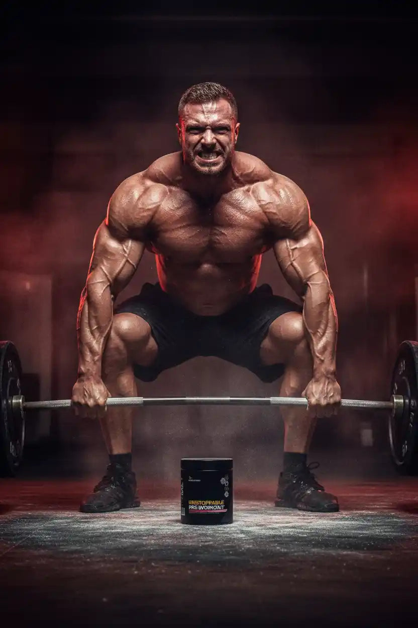 Muskulöser Athlet mit Pre-Workout Booster beim Gewichtheben, Protein & Sportnahrung für maximale Leistung