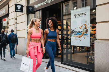 Zwei sportliche Frauen vor einem Supplement Support Geschäft, mit Protein-Snack-Werbung im Fenster.