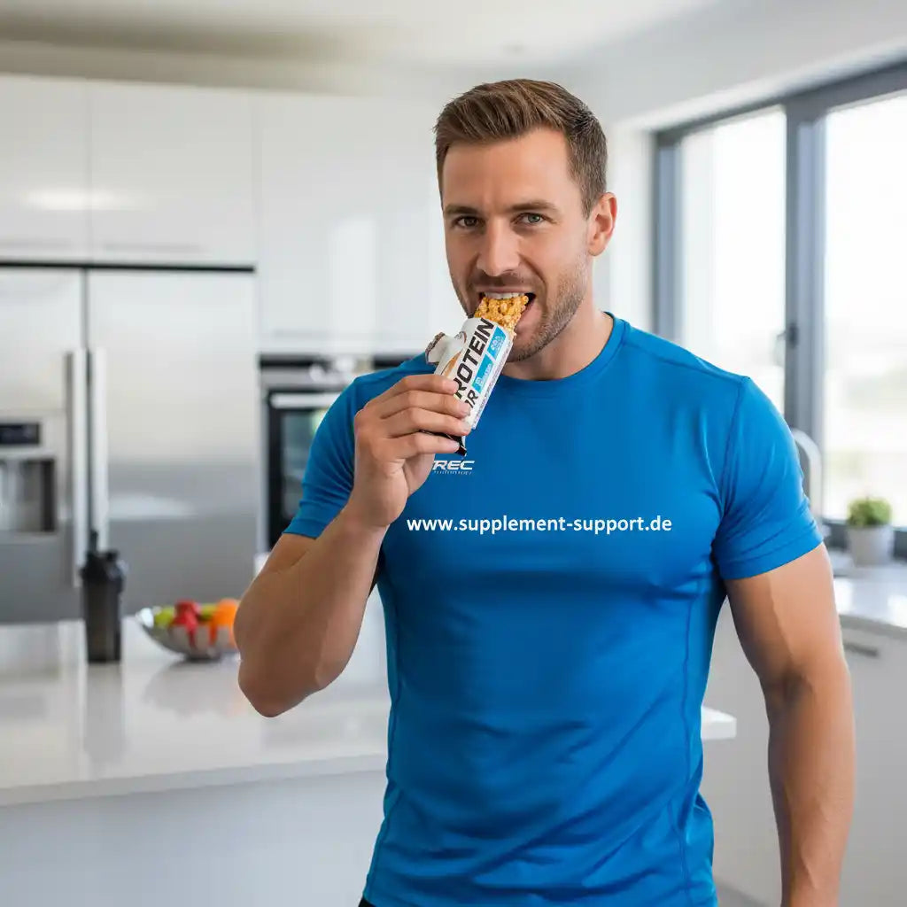 Mann isst Proteinriegel Trec Nutrition in moderner Küche, trägt www.supplement-support.de Shirt