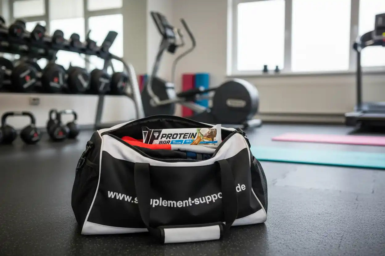 Proteinriegel in Sporttasche im Fitnessstudio, Supplement Support, hochwertige Sportnahrung