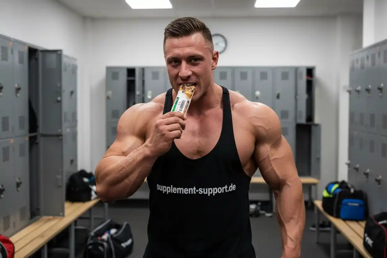 Bodybuilder im Fitnessstudio isst Trec Nutrition High Protein Bar, trägt Tanktop mit supplement-support.de