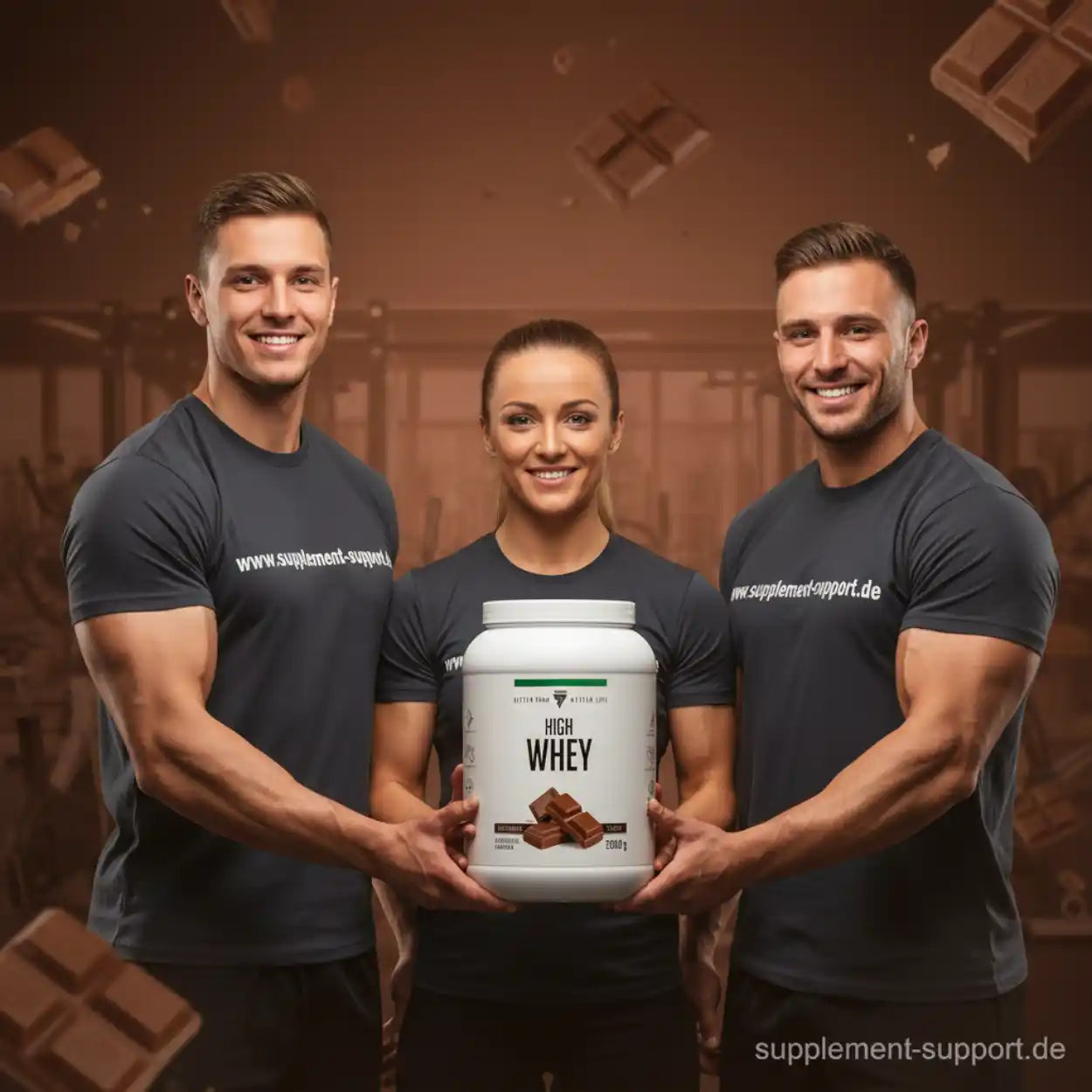 Drei Sportler präsentieren High Whey Protein in Schokoladen-Geschmack vor Fitness-Studio-Hintergrund