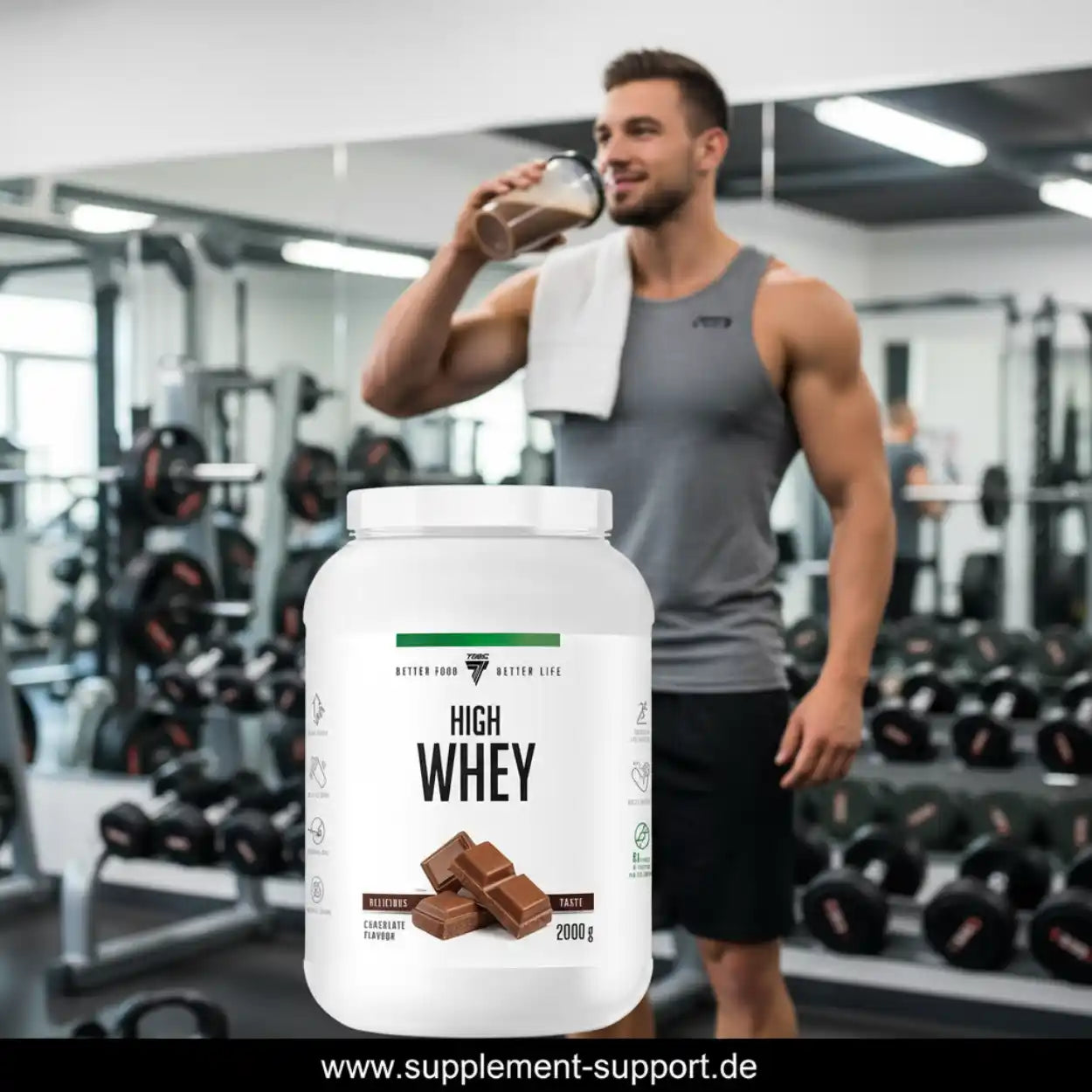 High Whey Protein Pulver Schokolade 2000g für Muskelaufbau im Fitnessstudio
