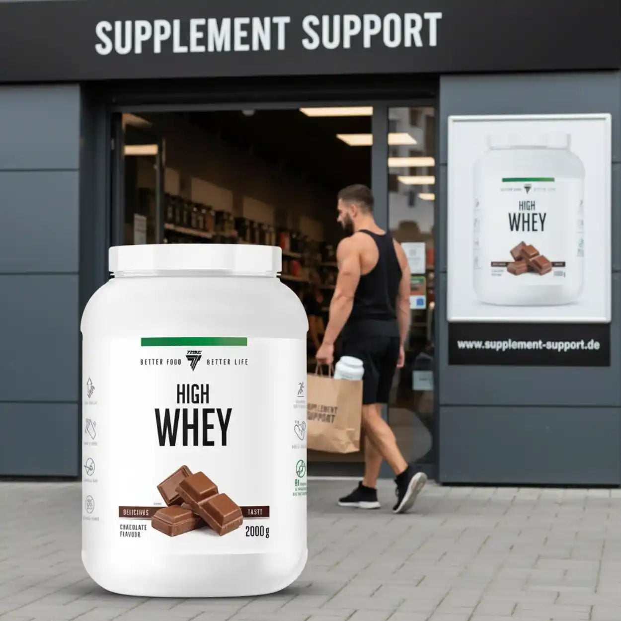 High Whey Protein 2000g Schokolade, Nahrungsergänzung für Sportler vor Supplement Support Shop