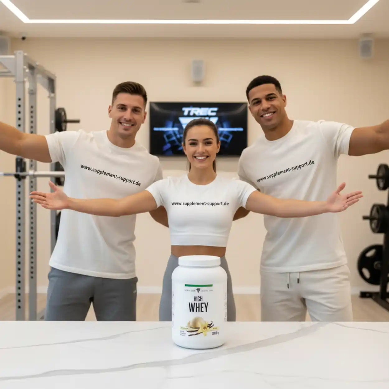 High Whey Protein Pulver vor drei lächelnden Personen im Fitnessstudio, ideal für Sportler und Muskelaufbau