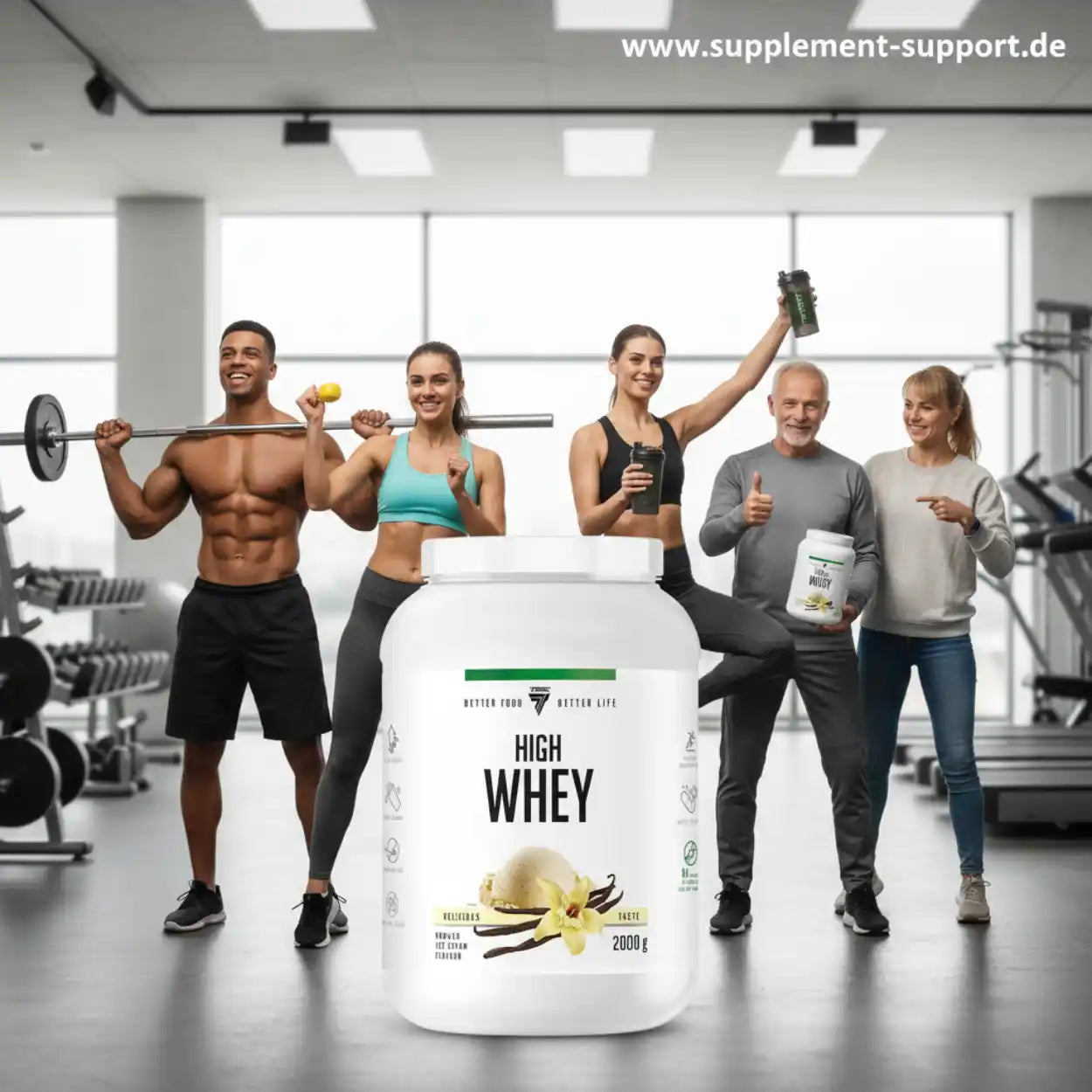 High Whey Protein Pulver 2000g Vanille im Fitnessstudio mit Sportlern