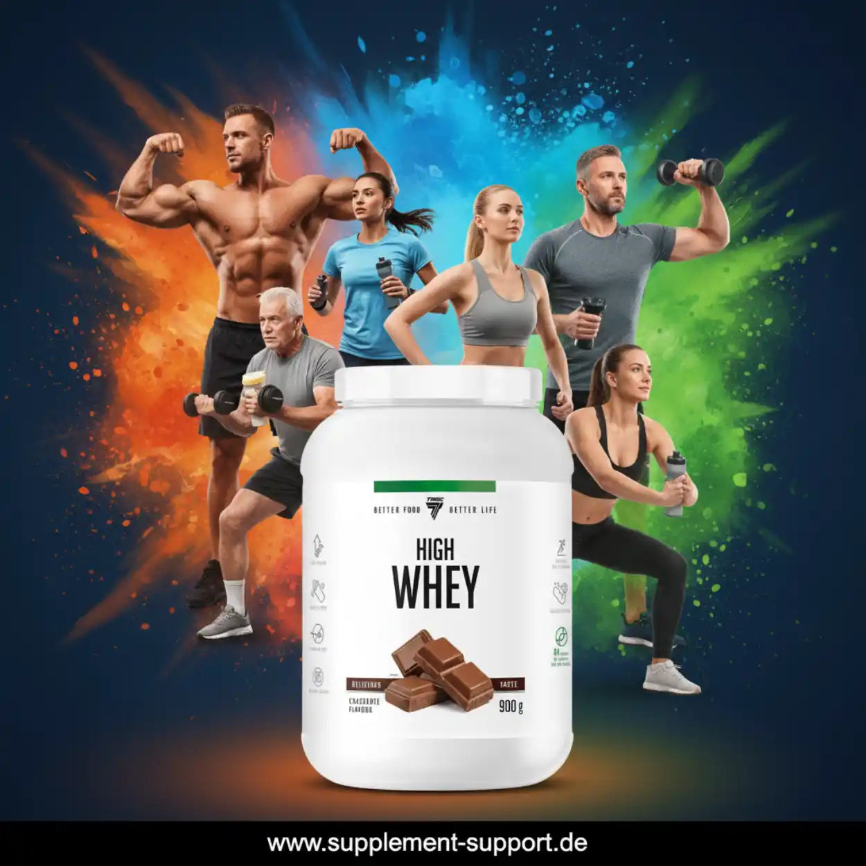 High Whey Protein Pulver 900g Schokolade, ideal für Sportler und Fitness-Enthusiasten