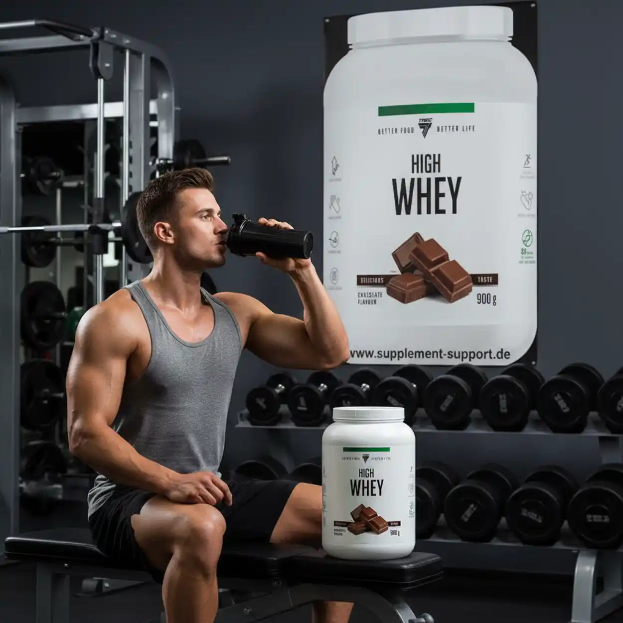 Muskulöser Mann trinkt Whey Protein Shake im Fitnessstudio neben High Whey Eiweißpulver