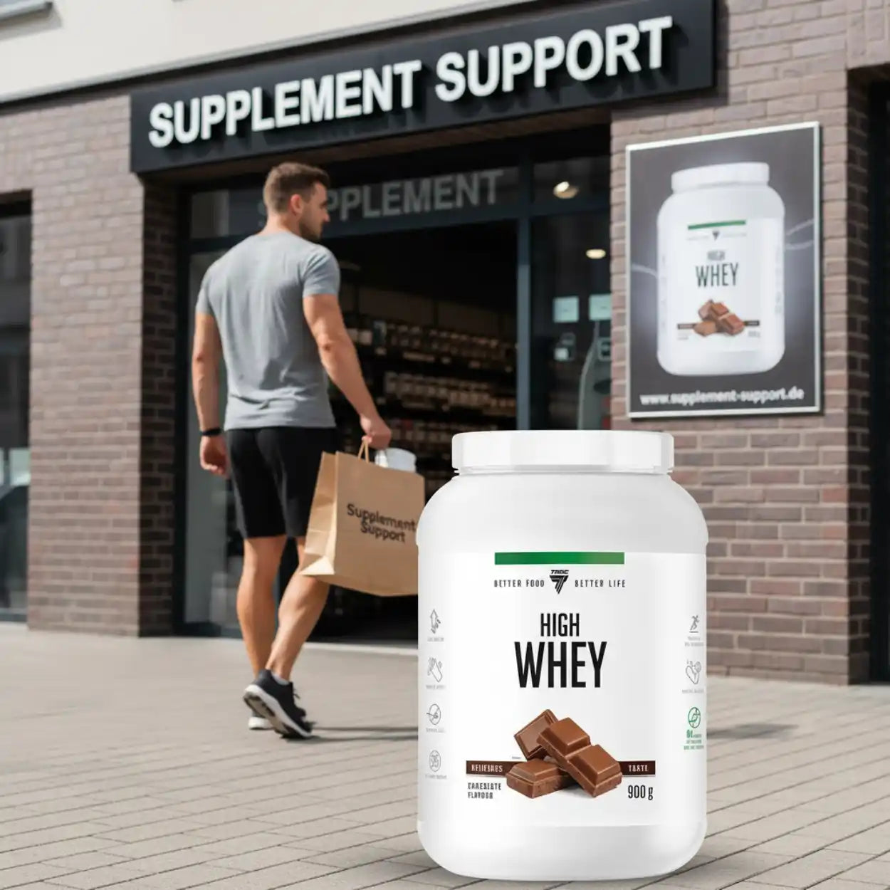 High Whey Protein 900g Schokoladen-Geschmack vor Supplement Support Shop