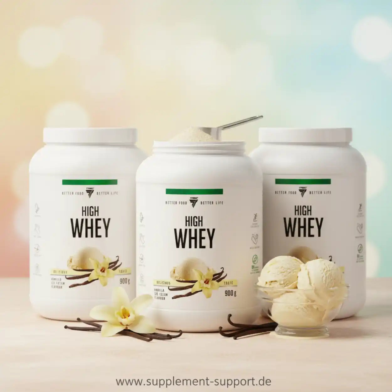High Whey Protein Vanille-Eis Geschmack, 900g Dosen mit Vanilleschoten und Eis