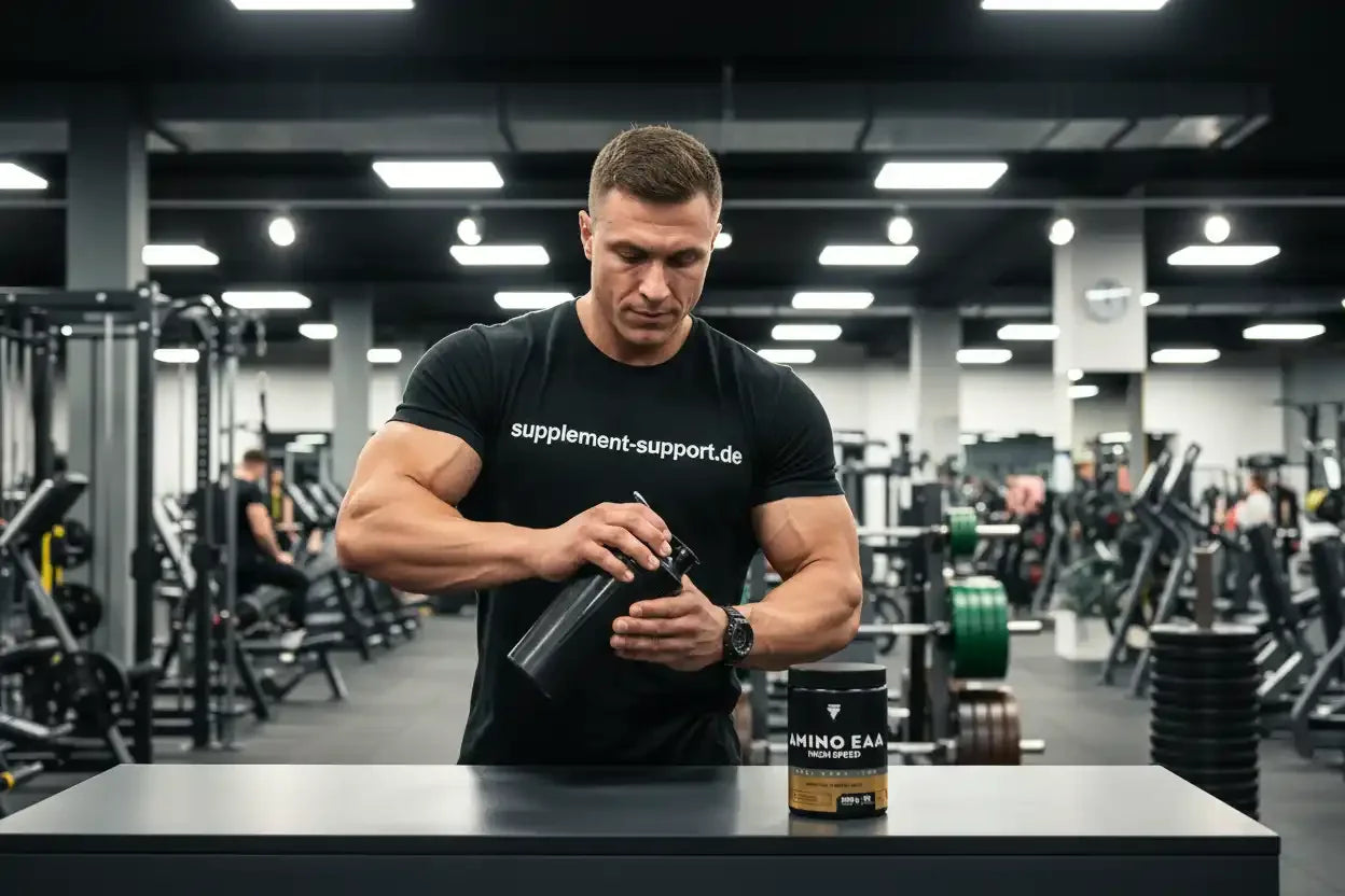 Muskulöser Mann im Fitnessstudio mit Amino EAA Supplement und Shaker, Protein & Booster