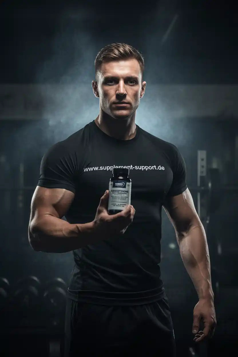 Muskulöser Mann mit Nahrungsergänzungsmittel in der Hand, Protein & Booster für Sportler