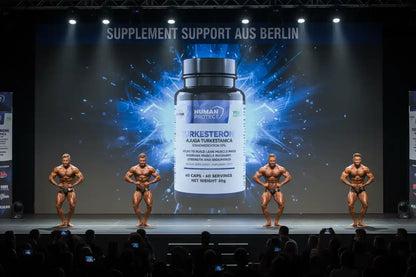 Turkesteron Nahrungsergänzungsmittel für Muskelaufbau und Kraft, präsentiert auf Bühne mit Bodybuildern