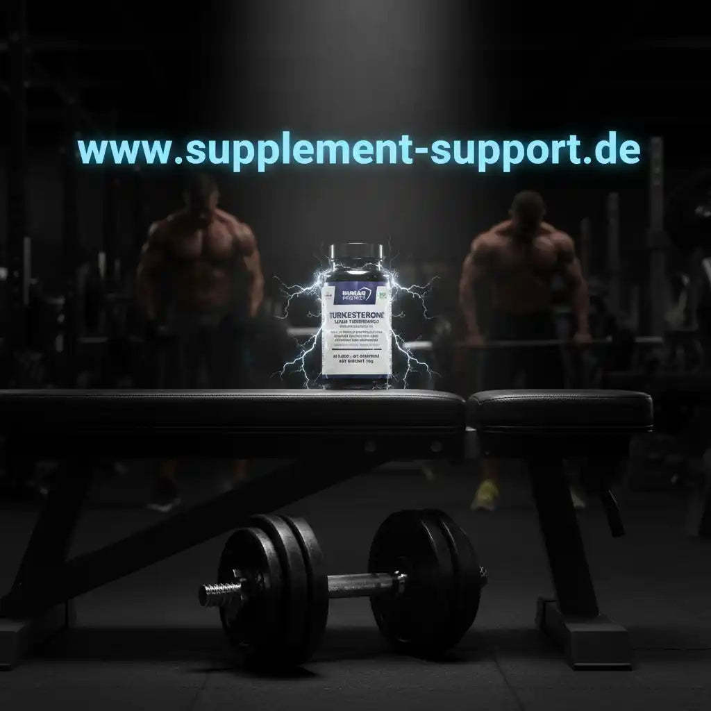 Turkesteron Nahrungsergänzungsmittel für Muskelaufbau im Fitnessstudio mit Hanteln und Trainierenden