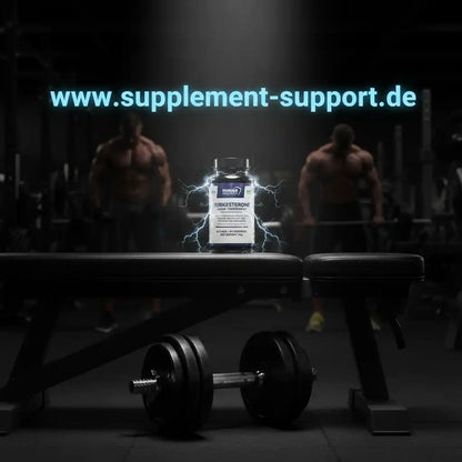Turkesteron Nahrungsergänzungsmittel für Muskelaufbau im Fitnessstudio mit Hanteln und Trainierenden