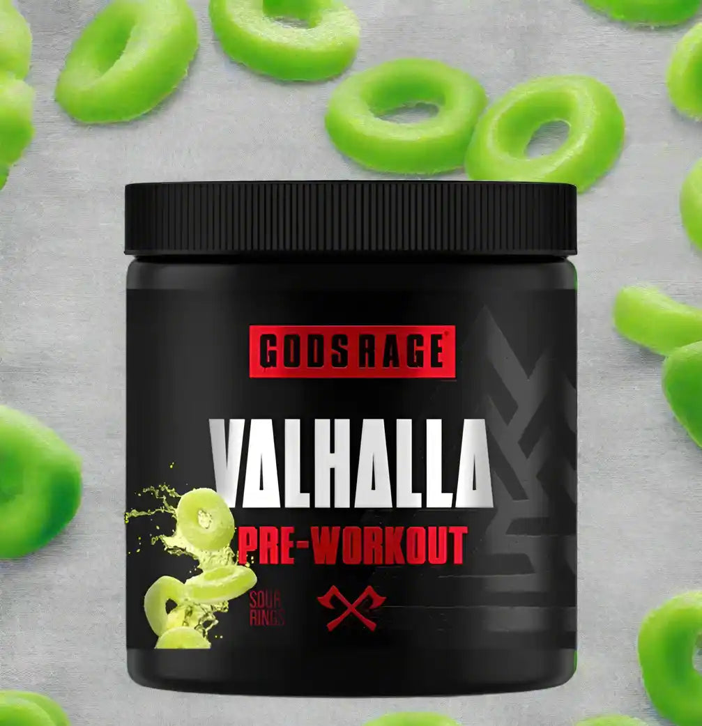 Gods Rage Valhalla Pre-Workout in Sour Rings Geschmack, umgeben von grünen Ringen